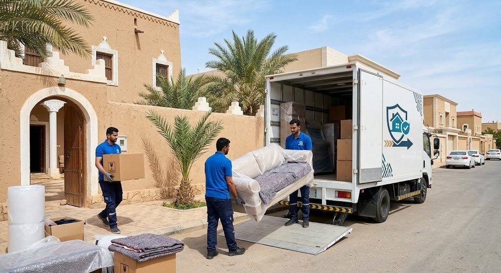 فريق عمل محترف يقوم بتغليف ونقل الأثاث بعناية فائقة ضمن خدمات نقل عفش الإسكان بالقصيم لضمان حماية الممتلكات ووصولها بأمان تام وبدون أي خدوش.