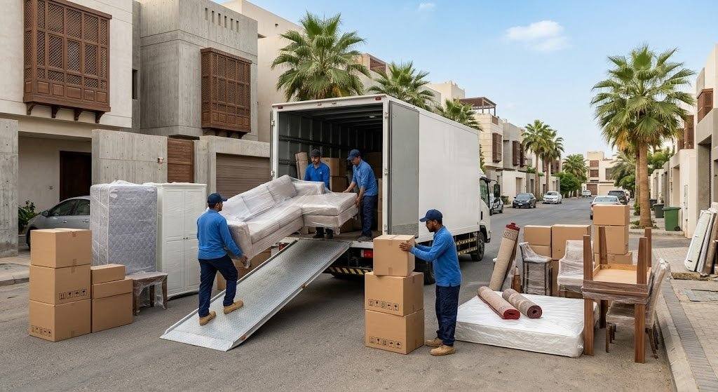 فريق عمل محترف يقوم بتغليف ونقل الأثاث بعناية فائقة ضمن خدمات نقل عفش النهضة بالقصيم لضمان حماية الممتلكات ووصولها بأمان تام وبدون أي خدوش.