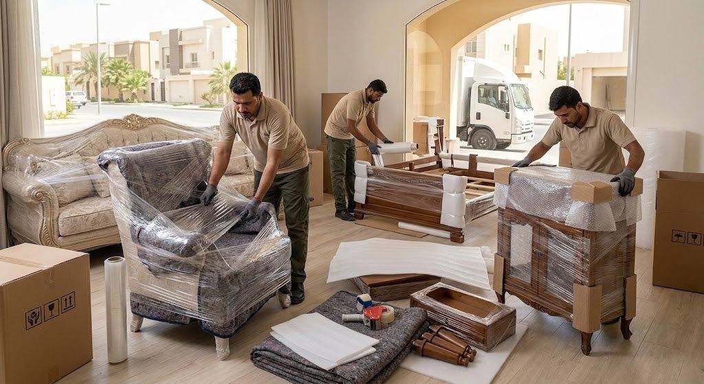 فريق عمل محترف يقوم بفك وتغليف ونقل الأثاث بأمان وعناية ضمن خدمات شركة نقل عفش بالقصيم لضمان راحة وسلامة ممتلكات العملاء.